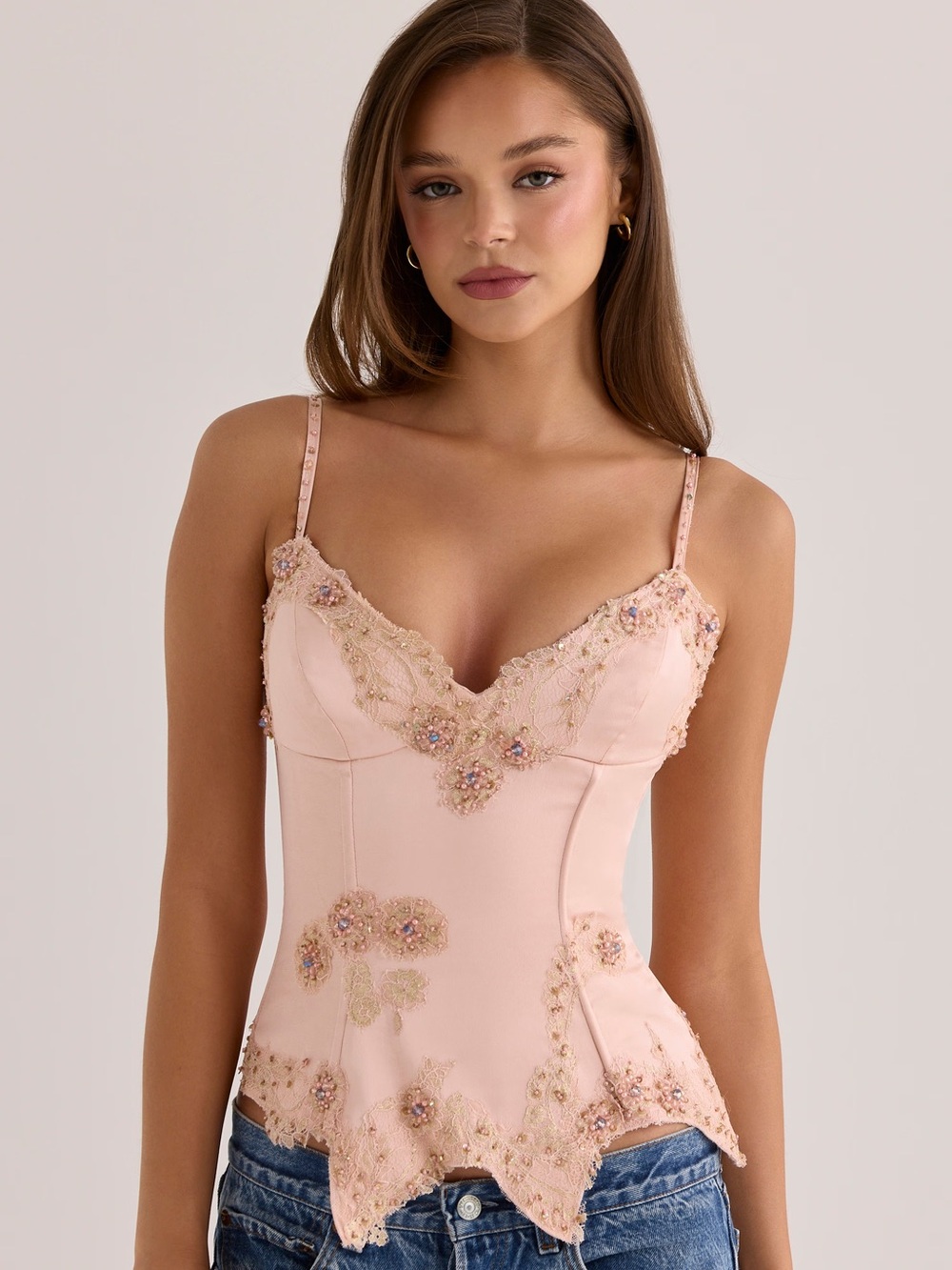 House of CB Saloma Blush Satin Custom Hand Beaded Embellished Corset Top